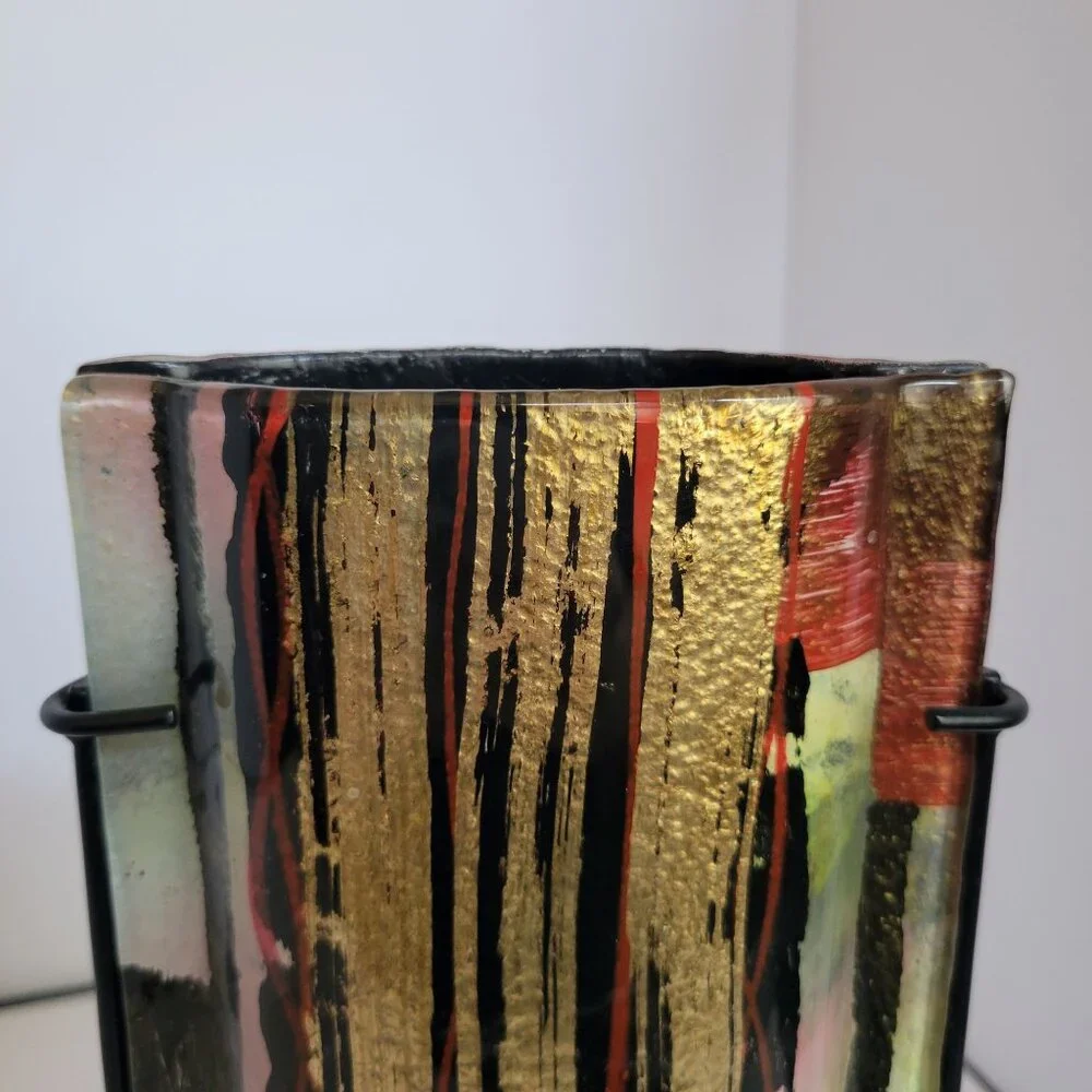 Massi Italian Vase U Shaped Art Glass with Metal Stand 9 1/4